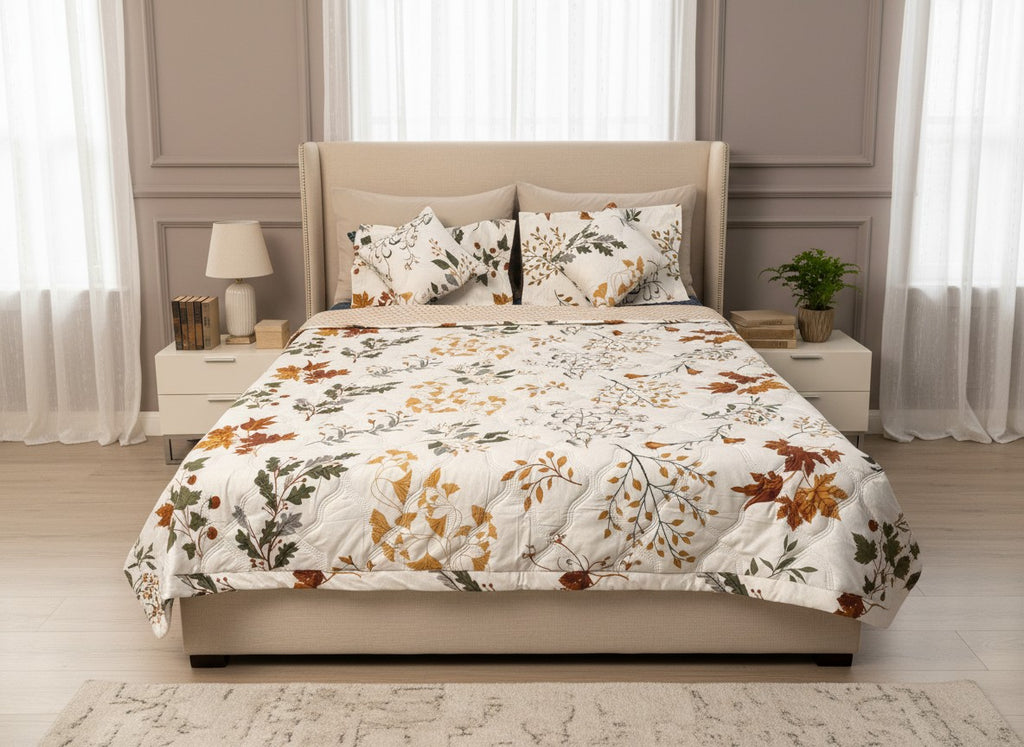 Autumn Botanical Leaf Quilted Comforter with Pillow Covers | Cotton Comforter King Size – AthSVi Alayam
