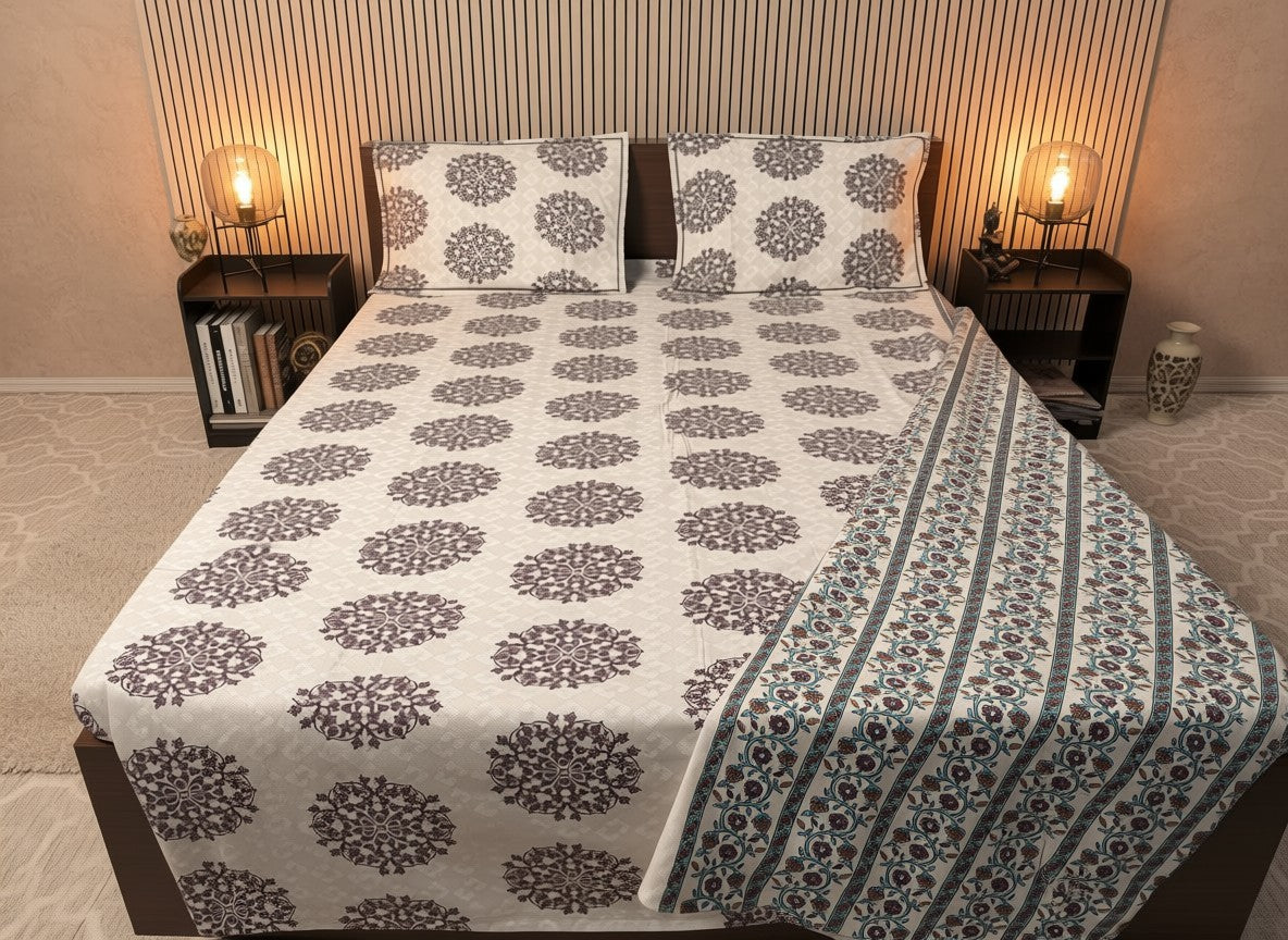 Brown and white Jaipuri Block Print Cotton Bedsheet | Hand Block Printed Double Bedsheet – AthSVi Alayam